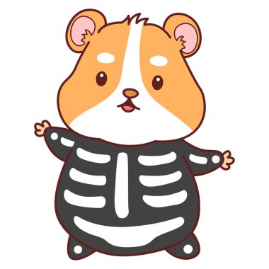 Cadılar Bayramı aktiviteli şirin bir hamster çıkartması seti. Turuncu ve beyaz renkler. Kafatası kostümü giyen bir hamster.