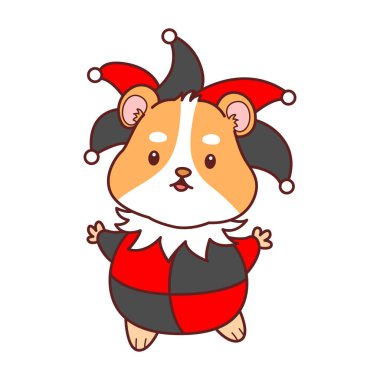 Cadılar Bayramı aktiviteli şirin bir hamster çıkartması seti. Turuncu ve beyaz renkler. Palyaço kostümü giyen bir hamster.