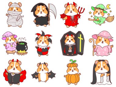 Cadılar Bayramı aktiviteli şirin bir hamster çıkartması seti. Turuncu ve beyaz renkler. Hamster. 