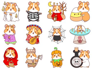 Cadılar Bayramı aktiviteli şirin bir hamster çıkartması seti. Turuncu ve beyaz renkler. Cadılar Bayramı dekorasyonunda hamster.