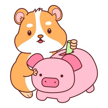 Aktiviteli şirin bir hamster çıkartması. Turuncu ve beyaz renkler. Domuz kumbarasında hamster tasarruf parası