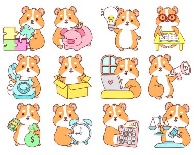 Aktiviteli şirin bir hamster çıkartması. Turuncu ve beyaz renkler. Para ve finans çeşitliliğindeki hamster