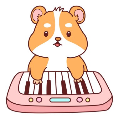 Aktiviteli şirin bir hamster çıkartması. Turuncu ve beyaz renkler. Hamster piyano çalıyor.