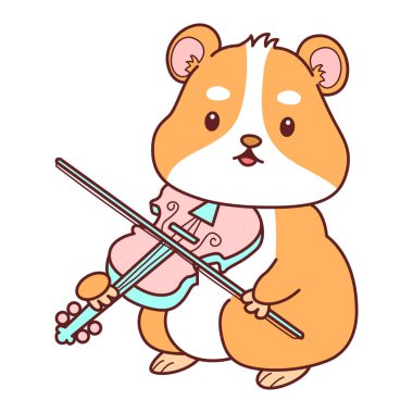 Aktiviteli şirin bir hamster çıkartması. Turuncu ve beyaz renkler. Hamster keman çalıyor.