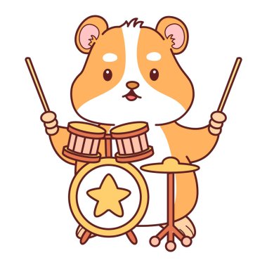 Aktiviteli şirin bir hamster çıkartması. Turuncu ve beyaz renkler. Hamster bandoda davul çalıyor.