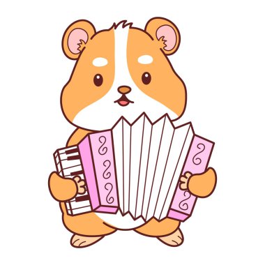 Aktiviteli şirin bir hamster çıkartması. Turuncu ve beyaz renkler. Hamster akordeon çalıyor.