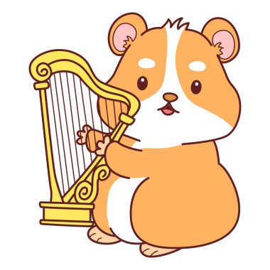 Aktiviteli şirin bir hamster çıkartması. Turuncu ve beyaz renkler. Harpa çalan hamster.
