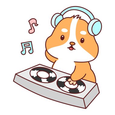 Aktiviteli şirin bir hamster çıkartması. Turuncu ve beyaz renkler. Hamster kulüpte disk çalıyor.