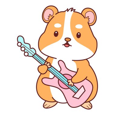 Aktiviteli şirin bir hamster çıkartması. Turuncu ve beyaz renkler. Hamster gitar çalıyor.