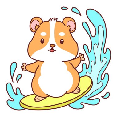 Aktiviteli şirin bir hamster çıkartması. Turuncu ve beyaz renkler. Hamster sörf yapıyor.