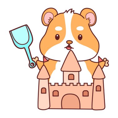 Aktiviteli şirin bir hamster çıkartması. Turuncu ve beyaz renkler. Hamster kumdan kale oynuyor.