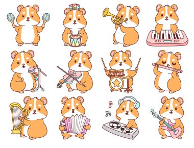 Aktiviteli şirin bir hamster çıkartması. Turuncu ve beyaz renkler. Müzik ve enstrümanın varyasyonunda hamster