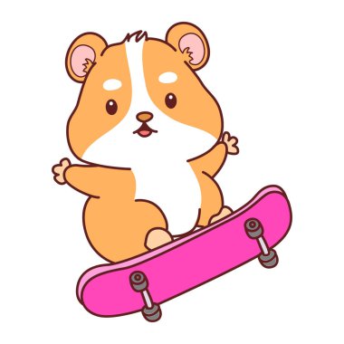 Aktiviteli şirin bir hamster çıkartması. Turuncu ve beyaz renkler. Hamster kaykay oynuyor.