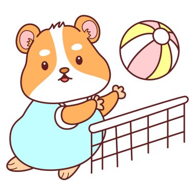 Aktiviteli şirin bir hamster çıkartması. Turuncu ve beyaz renkler. Hamster voleybol oynuyor.