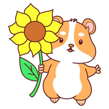 Aktiviteli şirin bir hamster çıkartması. Turuncu ve beyaz renkler. Hamster bir güneş çiçeği getir.