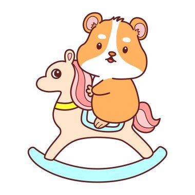 Aktiviteli şirin bir hamster çıkartması. Turuncu ve beyaz renkler. Hamster kayalık ata biniyor.