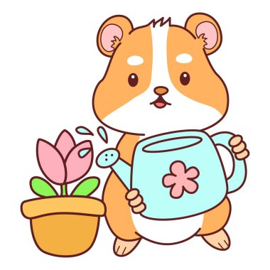 Aktiviteli şirin bir hamster çıkartması. Turuncu ve beyaz renkler. Hamster lale çiçeği için su dolduruyor.
