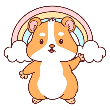 Aktiviteli şirin bir hamster çıkartması. Turuncu ve beyaz renkler. Gökkuşağının önündeki hamster