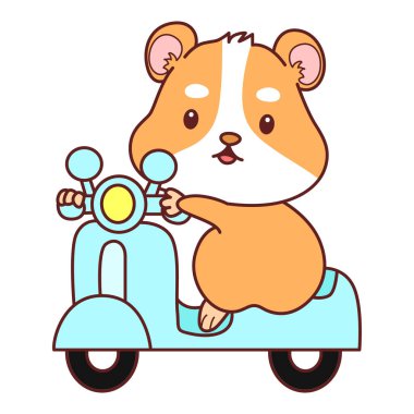 Aktiviteli şirin bir hamster çıkartması. Turuncu ve beyaz renkler. Mobilete binen hamster.