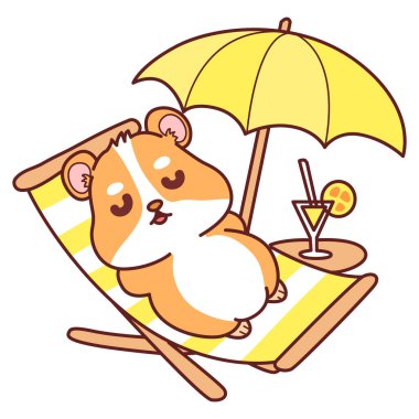 Aktiviteli şirin bir hamster çıkartması. Turuncu ve beyaz renkler. Sahilde yatan hamster.