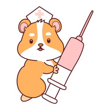 Aktiviteli şirin bir hamster çıkartması. Turuncu ve beyaz renkler. Hamster şırınga getir.