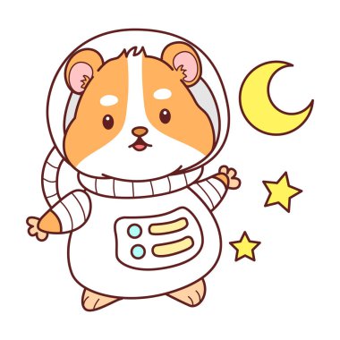 Aktiviteli şirin bir hamster çıkartması. Turuncu ve beyaz renkler. Astronot kostümü giyen bir hamster.