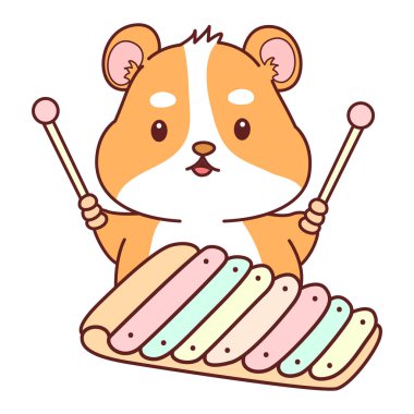 Aktiviteli şirin bir hamster çıkartması. Turuncu ve beyaz renkler. Ksilofon çalan hamster