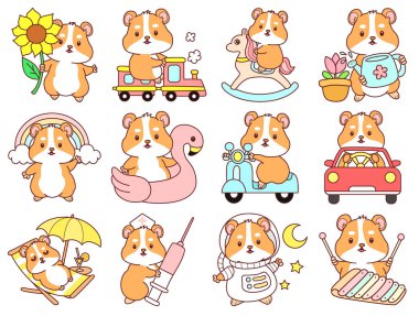 Aktiviteli şirin bir hamster çıkartması. Turuncu ve beyaz renkler. Ulaşım varyasyonunda hamster