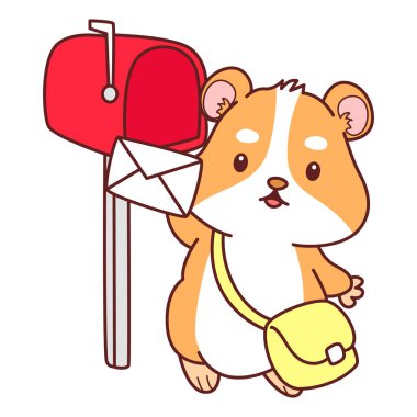Aktiviteli şirin bir hamster çıkartması. Turuncu ve beyaz renkler. Hamster iletiyi posta kutusuyla gönder