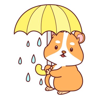 Aktiviteli şirin bir hamster çıkartması. Turuncu ve beyaz renkler. Şemsiye takan hamster