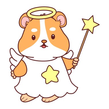 Aktiviteli şirin bir hamster çıkartması. Turuncu ve beyaz renkler. Peri kostümü giyen hamster.