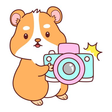 Aktiviteli şirin bir hamster çıkartması. Turuncu ve beyaz renkler. Hamster bir kamera getir.