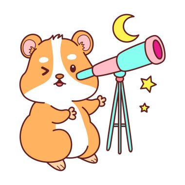 Aktiviteli şirin bir hamster çıkartması. Turuncu ve beyaz renkler. Hamster Ay 'ı teleskopla görüyor