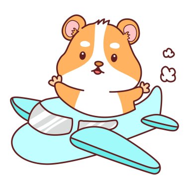 Aktiviteli şirin bir hamster çıkartması. Turuncu ve beyaz renkler. Hamster uçağa biniyor.
