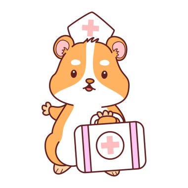 Aktiviteli şirin bir hamster çıkartması. Turuncu ve beyaz renkler. Hamster ilk yardım çantasını getir.