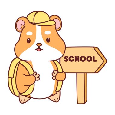 Aktiviteli şirin bir hamster çıkartması. Turuncu ve beyaz renkler. Hamster okula gitmek istiyor.
