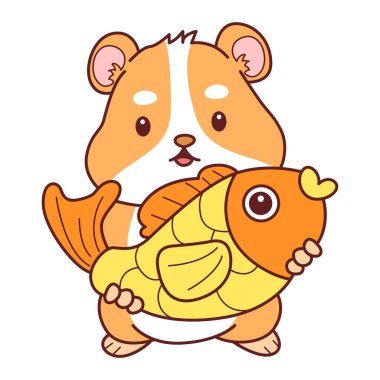 Aktiviteli şirin bir hamster çıkartması. Turuncu ve beyaz renkler. Hamster bir altın balık getir.