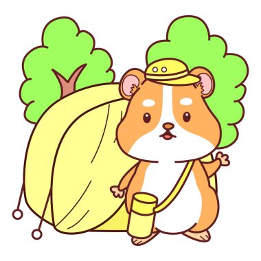 Aktiviteli şirin bir hamster çıkartması. Turuncu ve beyaz renkler. Hamster kampta.