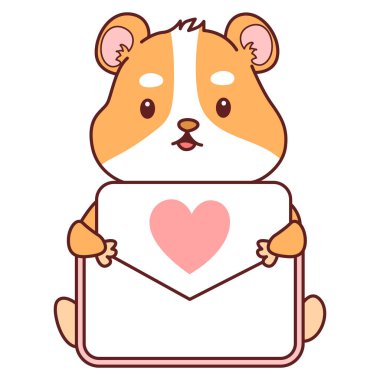 Aktiviteli şirin bir hamster çıkartması. Turuncu ve beyaz renkler. Hamster bir aşk mektubu getir.