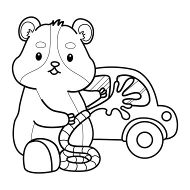 Sevimli hamster çıkartmalarının renkli sayfaları ve aktiviteleri. Turuncu ve beyaz renkler. Oto yıkamayı temizleyen hamster çizgisi.