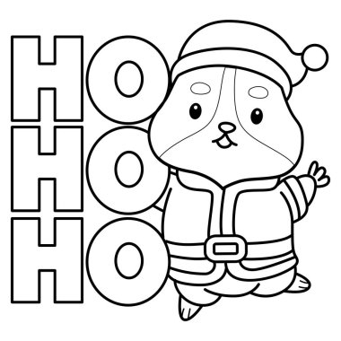 Sayfalarca şirin hamster çıkartması ve Noel aktivitesi. Turuncu ve beyaz renkler. Ho ho dekorasyonlu hamsterın ana hatları