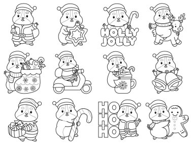 Sayfalarca şirin hamster çıkartması ve Noel aktivitesi. Turuncu ve beyaz renkler. Hamster 'ın ana hatlarıyla mutlu noeller.