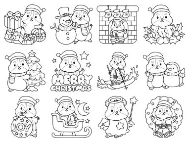 Sayfalarca şirin hamster çıkartması ve Noel aktivitesi. Turuncu ve beyaz renkler. Noel Baba kostümündeki hamster 'ın ana hatları.