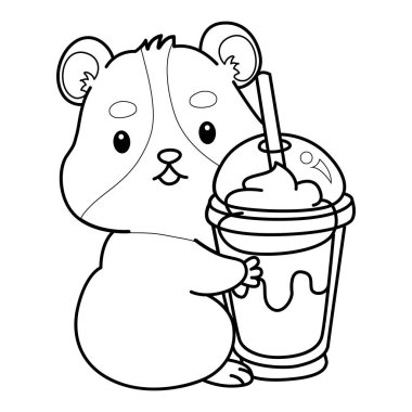 Sevimli hamster çıkartmalarının renkli sayfaları ve aktiviteleri. Turuncu ve beyaz renkler. Hamster taslağı bir milkshake getir.