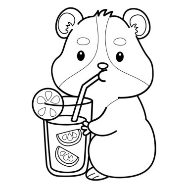 Sevimli hamster çıkartmalarının renkli sayfaları ve aktiviteleri. Turuncu ve beyaz renkler. Portakal suyu içen hamsterın taslağı.