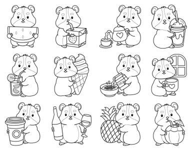 Sevimli hamster çıkartmalarının renkli sayfaları ve aktiviteleri. Turuncu ve beyaz renkler. Hamster 'ın içki ve içecek çeşitleri.