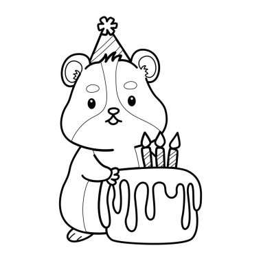 Sevimli hamster çıkartmalarının renkli sayfaları ve aktiviteleri. Turuncu ve beyaz renkler. Hamster taslağı, doğum günü pastası getir.