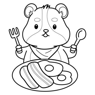 Sevimli hamster çıkartmalarının renkli sayfaları ve aktiviteleri. Turuncu ve beyaz renkler. Hamster 'ın ana hatları pastırma yemek istiyor.