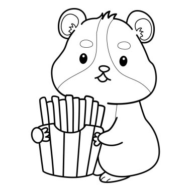 Sevimli hamster çıkartmalarının renkli sayfaları ve aktiviteleri. Turuncu ve beyaz renkler. Hamster 'ın ana hatlarıyla patates kızartması getir.