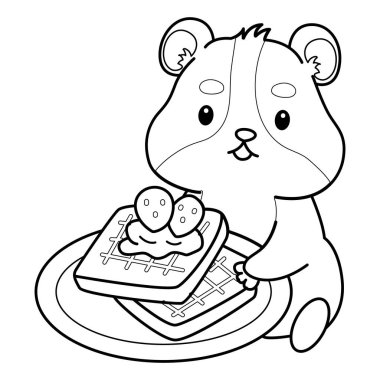 Sevimli hamster çıkartmalarının renkli sayfaları ve aktiviteleri. Turuncu ve beyaz renkler. Hamster çizgisi Çilekli ekmek getir